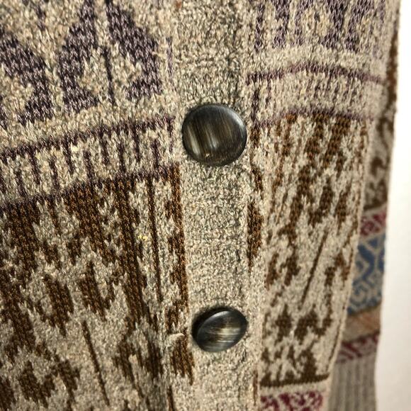 Peruvian Connection taupe geometric print button front long cardigan sweater XL - Picture 8 of 16